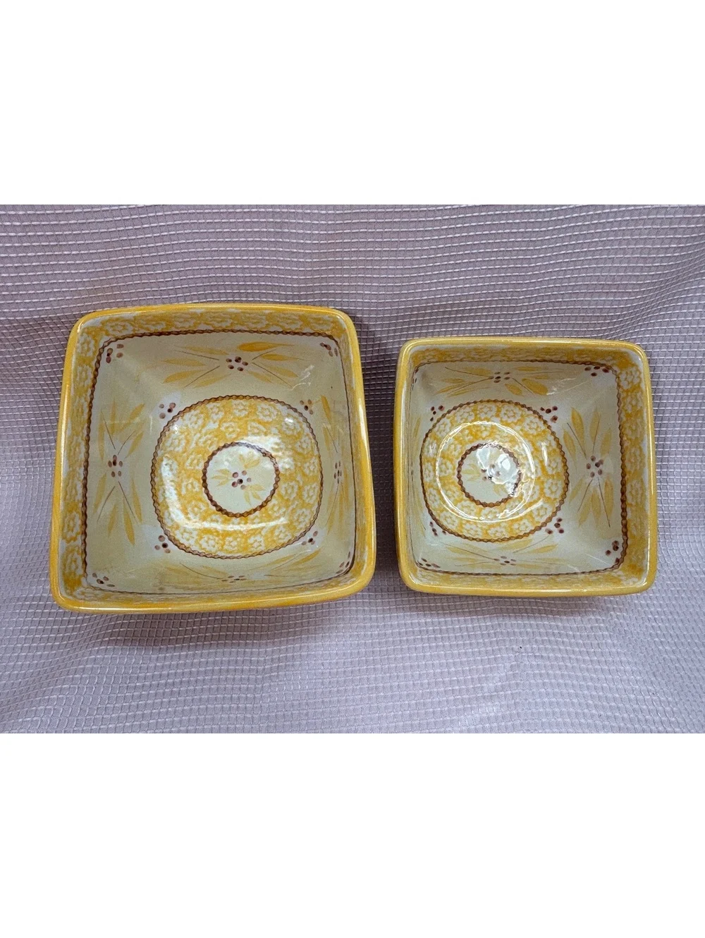 These are Temp-tations Old World Yellow square bowls 1-quart and 1.5-quart